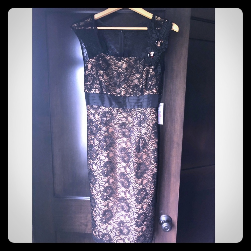 KM collections lace overlay sheath dress